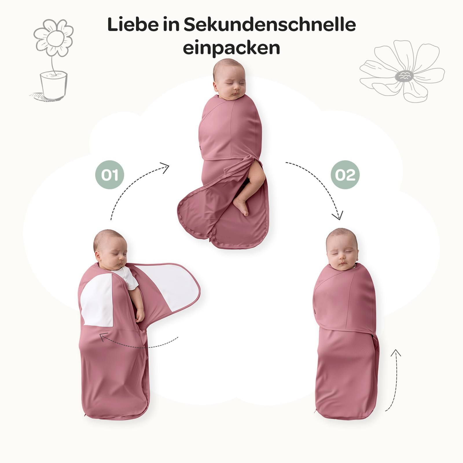 Momcozy Pucksack Baby 0-3 Monate, leiser Verschluss,Swaddle für frischgebackene Eltern, reduziert den Schreckreflex, unverzichtbar für Neugeborene 0-3 Monate, 2er-Pack,Rosa