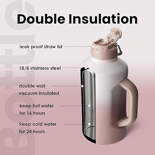 Miniatura 10 de BOTTLE BOTTLE Botella de agua aislada de 64 onzas con popote y tapa de doble uso, botella de agua deportiva de acero inoxidable con asa al vacío de