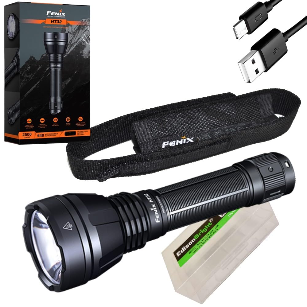 EdisonBrightFenix HT32 high Powered Long Throw Beam 2500 Lumen White/red/Green LED Flashlight, Rechargeable Battery, Holster, Brand Battery Carry case Bundle