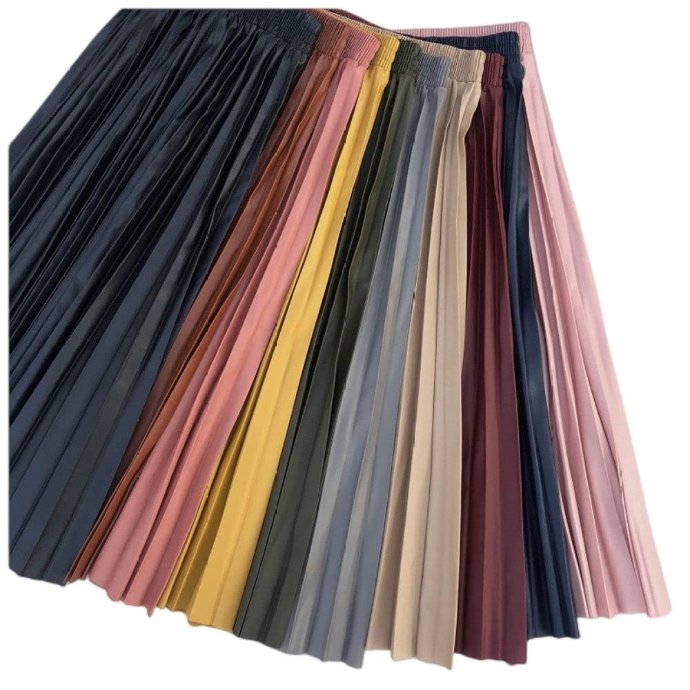 OZEO Gonne,Gonna Midi da Donna Gonna in Pelle Pu A Pieghe Tinta Unita Vita Alta Elastica Gonna A-Line Bordeaux Semplice Elegante Gonne Lunghe per Ragazze Donna Autunno Inverno,L