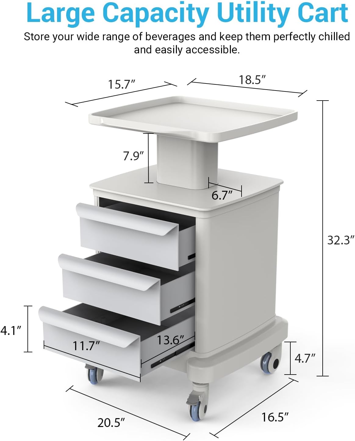 Mobile Ultrasound Cart with 3 Drawer, Medical Trolley Cart for Ultrasound Imaging Scanner Vehicle Rolling Utility Cart 110LBS Load Beauty Storage Carts for Office Hospital Bedroom SPA