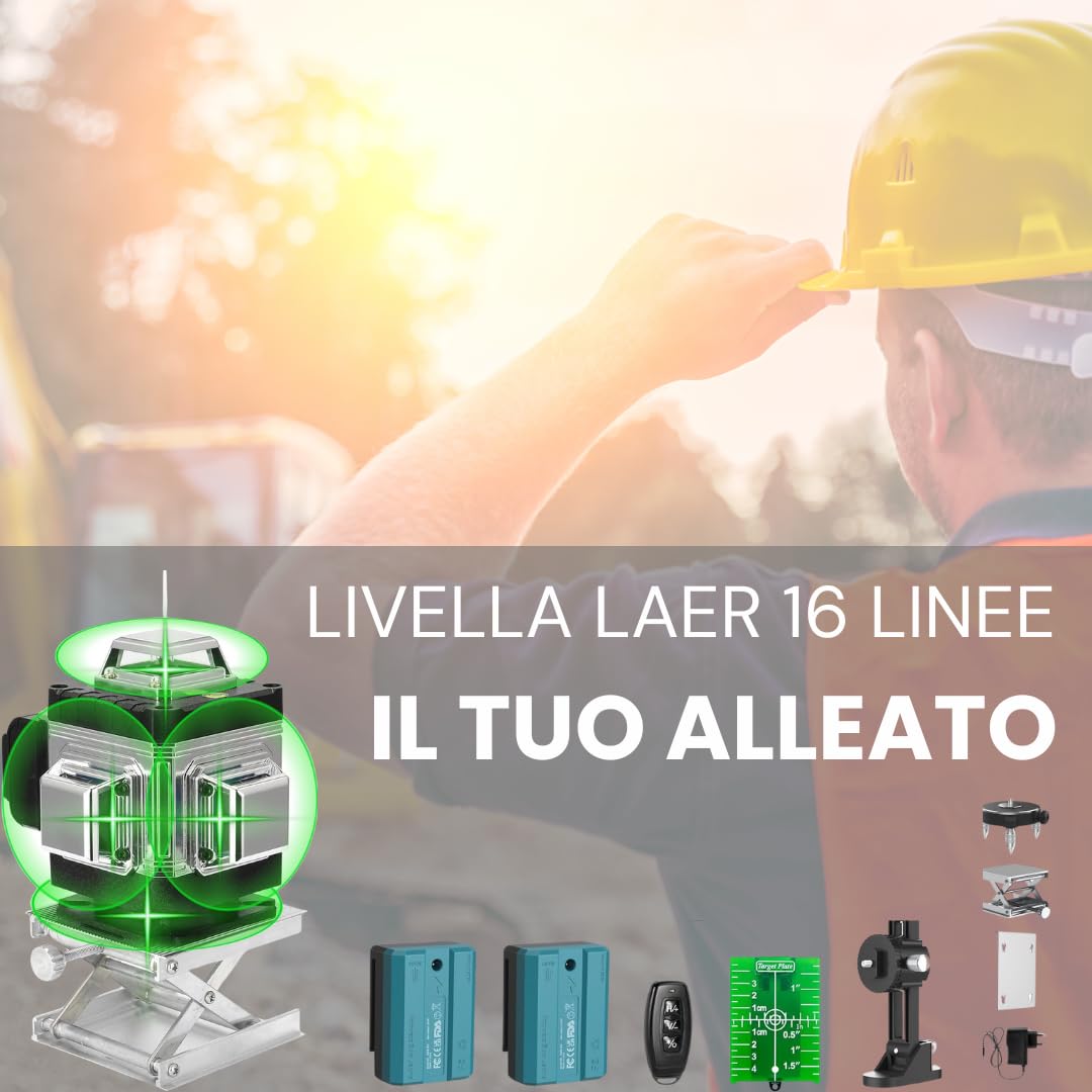 livella laser Autolivellante 360° 4D, Laser 16 linee Cantiere 3° Autolivellante, con 2 Batterie e Supporto Rotante, Incluso Treppiedi 1.2m con 3 Altezze Regolabili, Telecomando e Valigetta Inclusi.