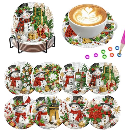 Lophomie 8 Pack Christmas Diamond Art Coasters Kit with Holder DIY Snowman Diamond Painting Coasters Cork Wooden Double Layer Board Durable Craft Set for Beginners and Adults 4x4 Inch