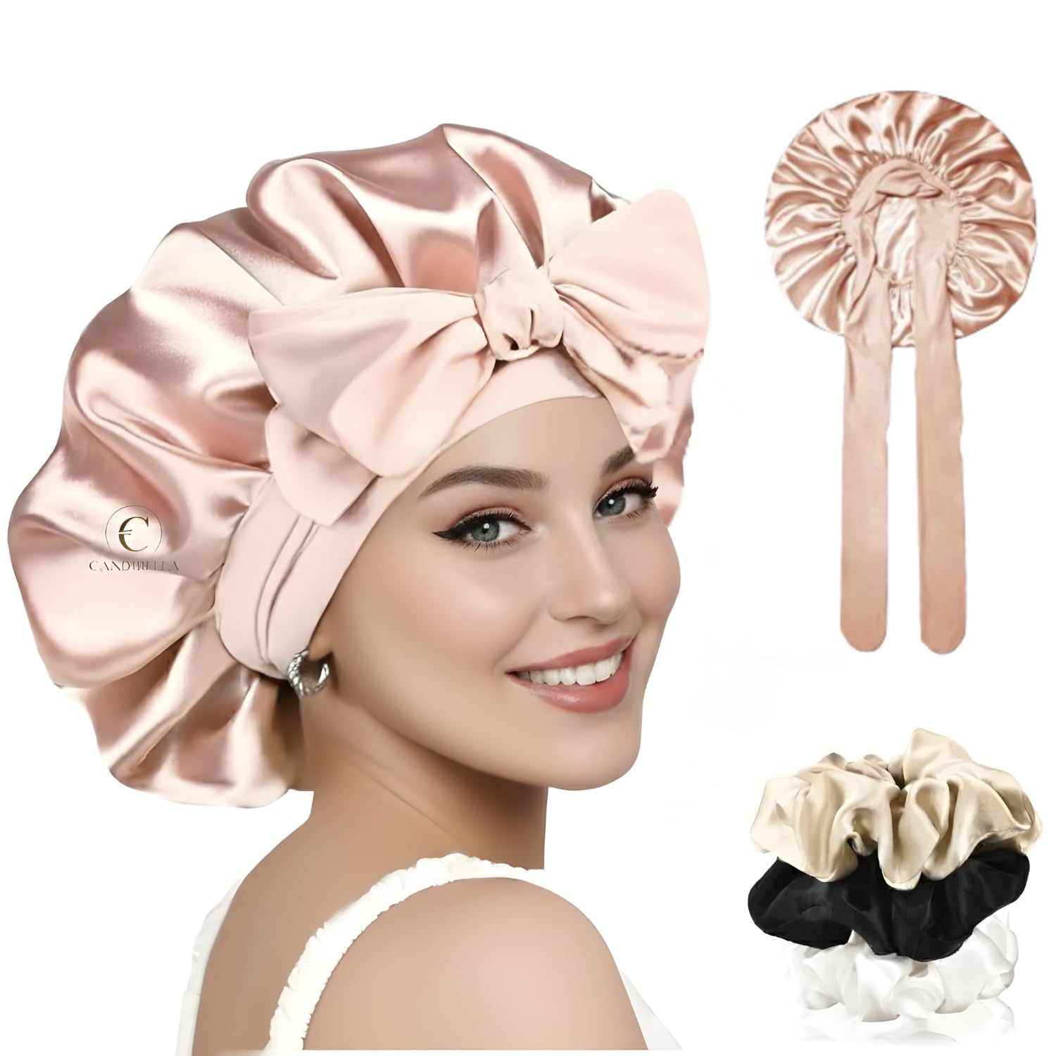 Candibella Silk Bonnet for Hair with 3 Scrunchies, Adjustable Silk Hair Cap for Sleeping, Satin Bonnet for Curly Hair with Wide Elastic Tie Band