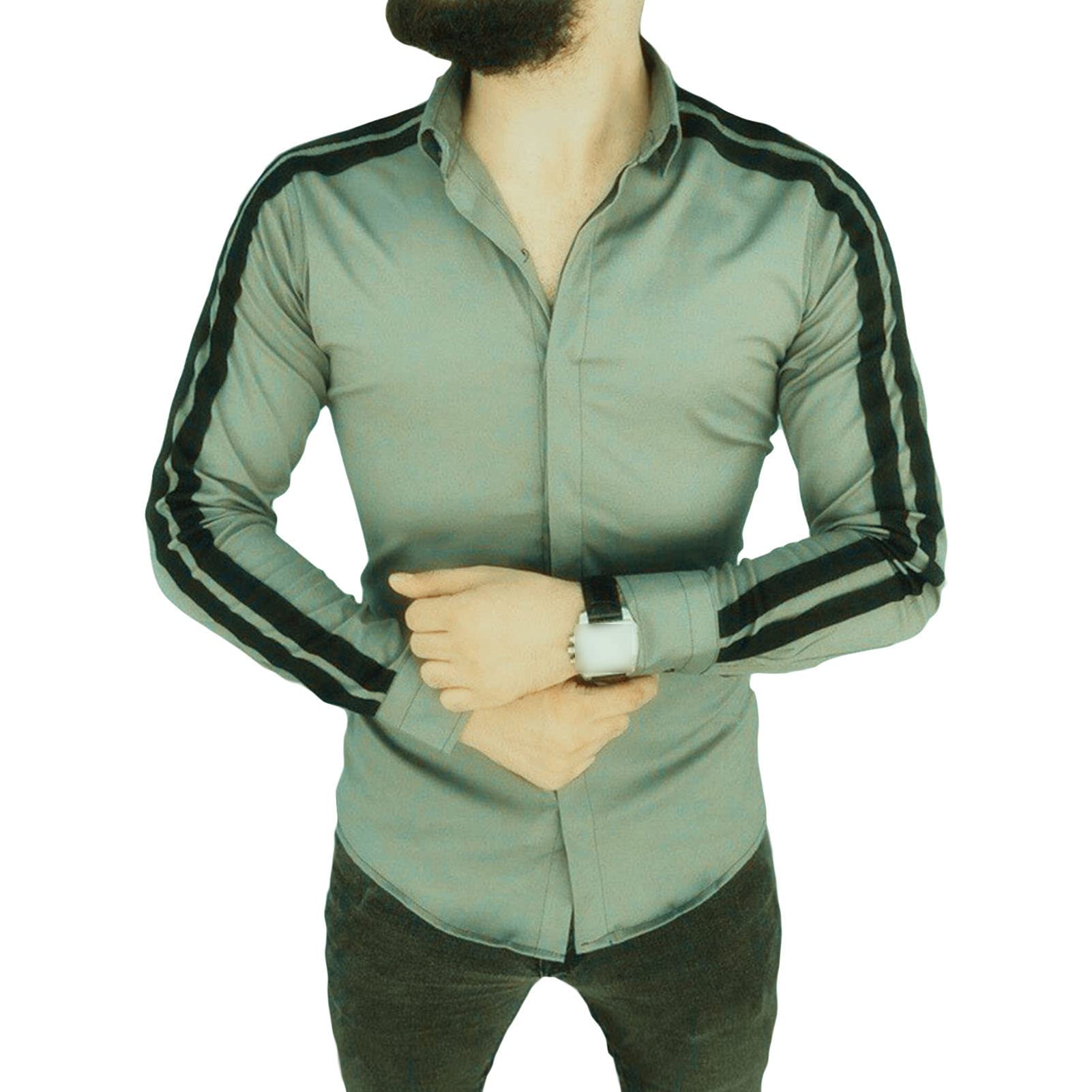 Men's Long Sleeve Striped Dress Shirts Patchwork Casual Button Down Shirts Slim Fit Turn-Down Collar Shirt Top (Grey,Small)