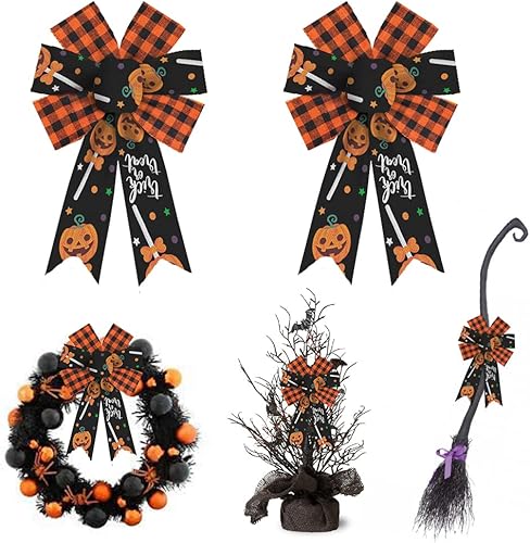 2 lazos de corona de Halloween, lazos a cuadros de búfalo naranja y negro para corona, lazos rústicos de truco o golosina, para puerta delantera,