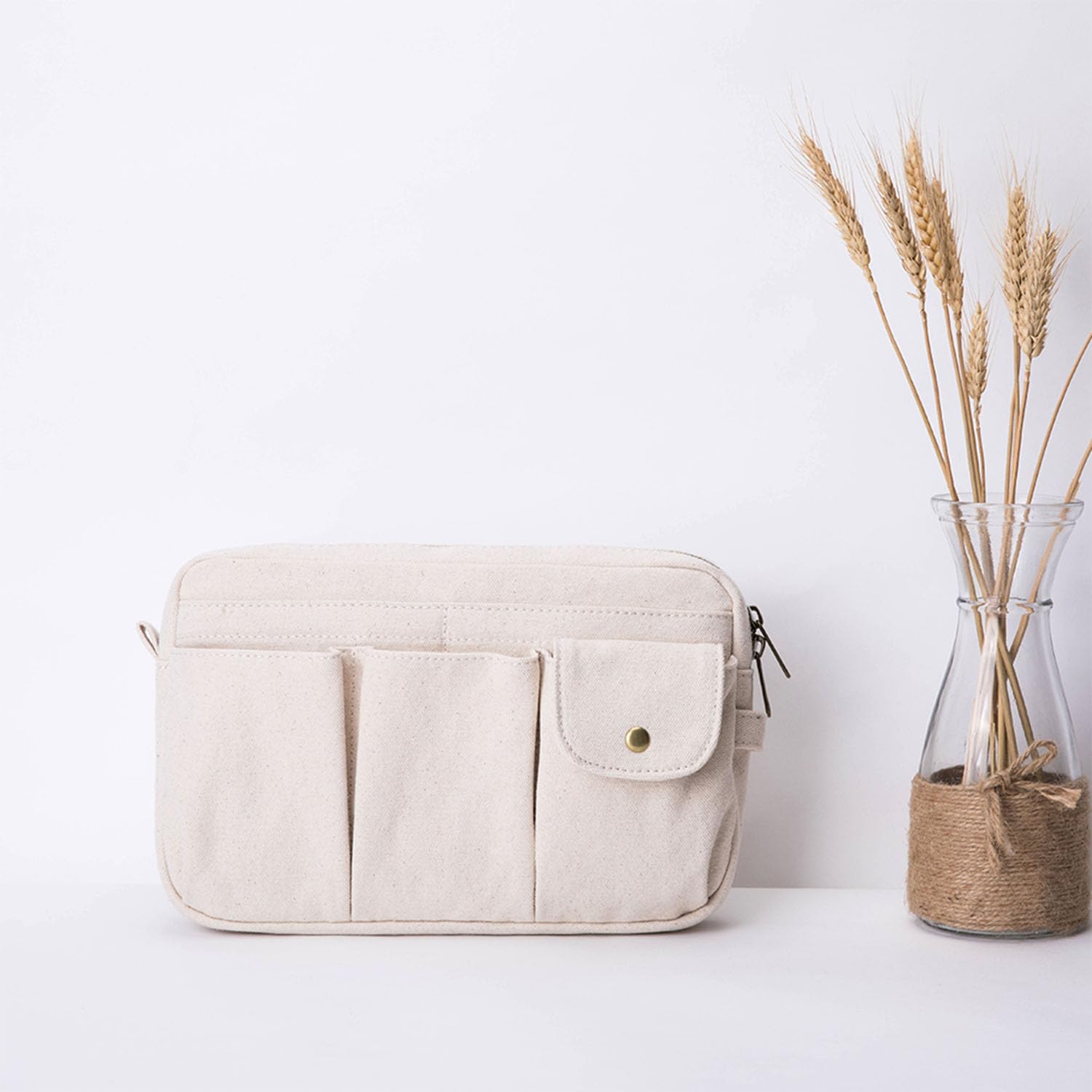 Kosmetiktasche mit großem Fassungsvermögen und mehreren Fächern für einfache Organisation und Reinigung, Beige/Leinen, 11.02" x 1.97" x 7.09", Casual