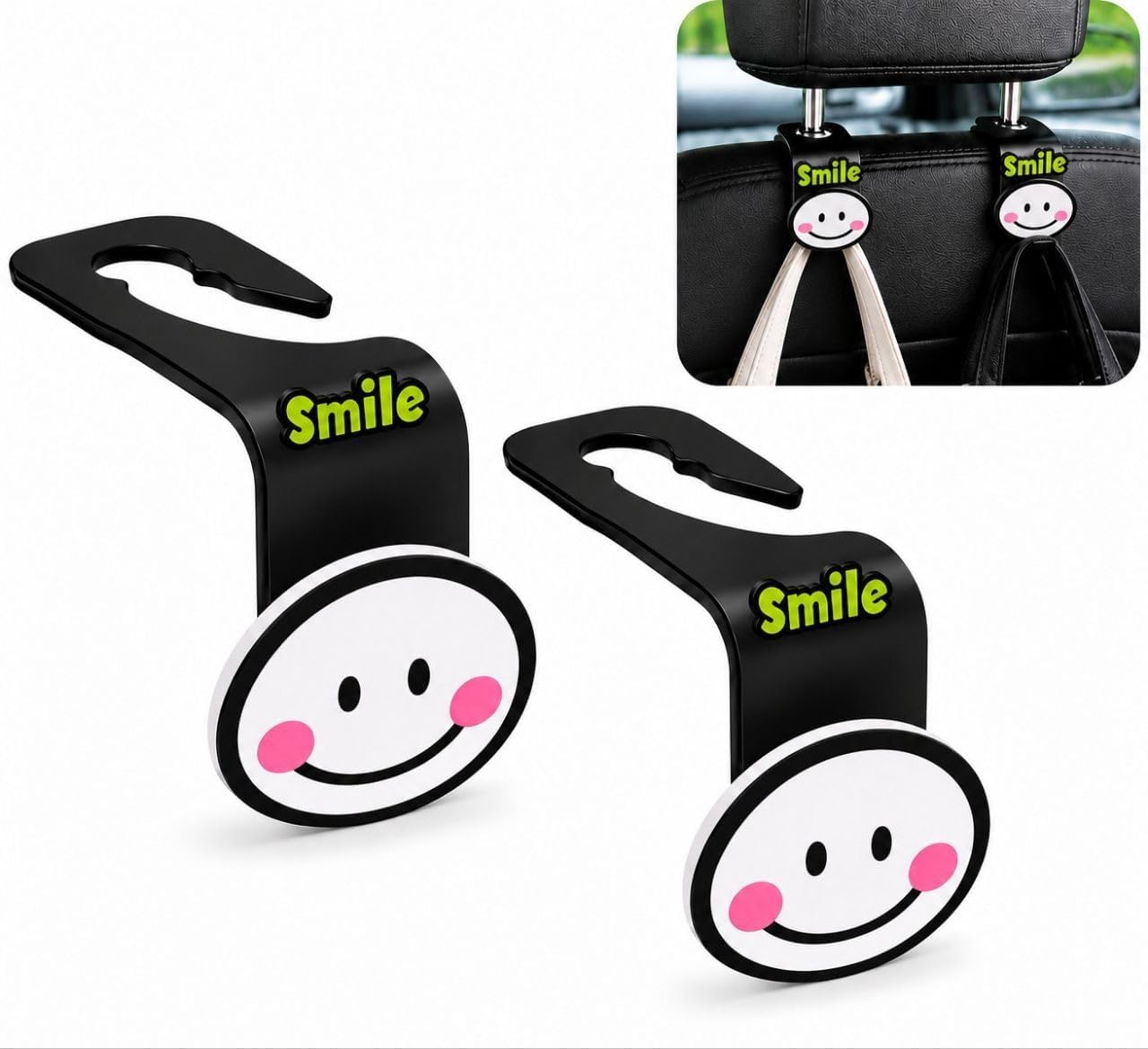Smiley Face Car Seat Headrest Hooks Pack of 2 Universal Vehicle Back Seat Hanger for Bags Groceries Purses Handbags Cute Durable Car Space Saver Organizer Hook Clips Storage Accessories-image-13