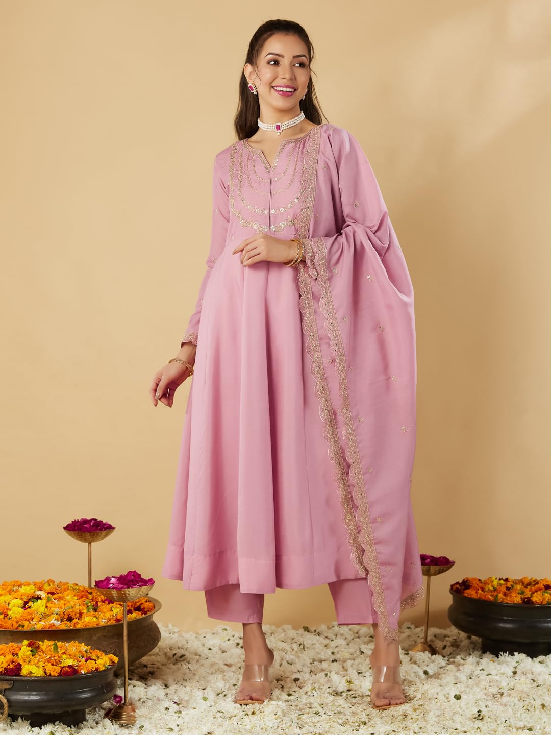 MOKOSH Women's Silk Embroidered Pink Kurta Pant Dupatta Set (444-02-XL) - Image 2 thumbnail