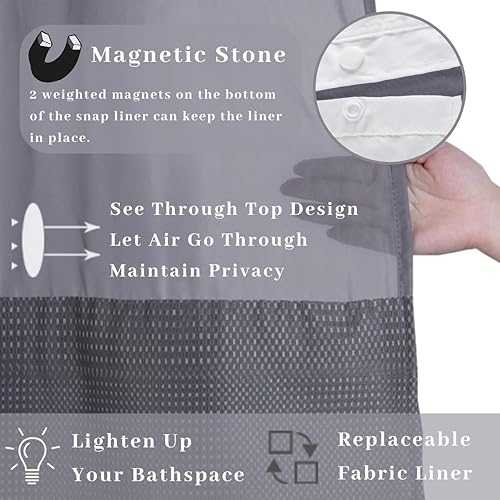 Miniatura 4 de Ecoehoe Cortina de ducha de 54 pulgadas de ancho x 78 pulgadas de largo, sin ganchos, con forro a presión con imanes, lavable a máquina, parte