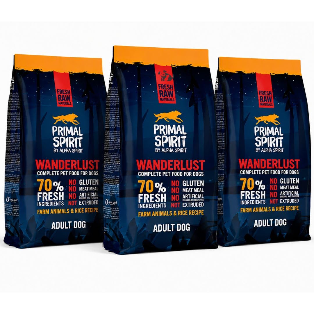 ANIMALUJOS - Primal Wanderlust Pienso Semihúmedo para Perro Adulto Digestión Sensible Alta Palatabilidad con Ingredientes Frescos Snack Incluido - Alpha Spirit (3 Sacos x 1 Kg, Wanderlust)