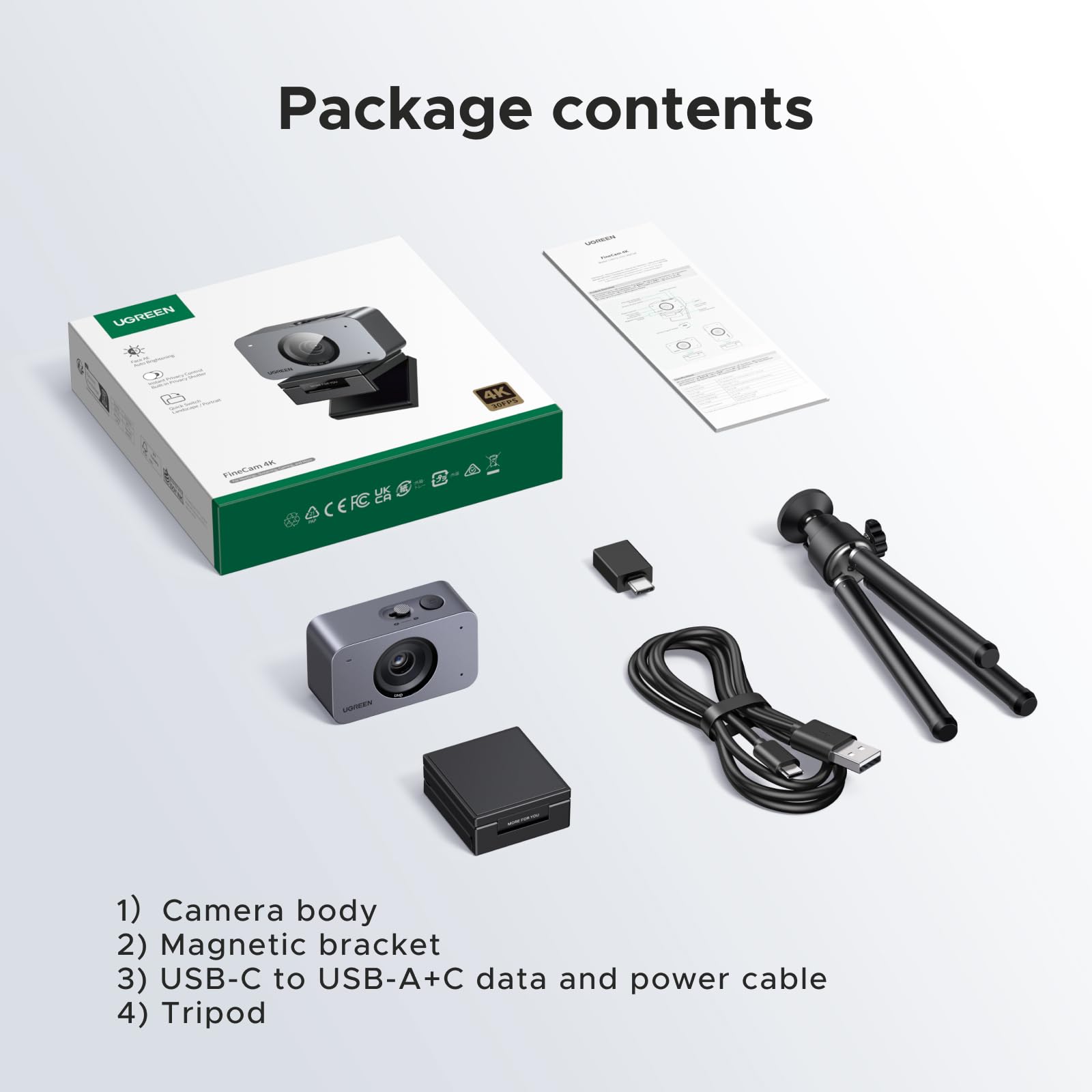 UGREEN FineCam 4K, Autofokus, Podwójny Mikrofon, Face AE | UHD Kamera 4K 30FPS, 70°FOV, Face AE, Redukcja Szumów, Tryb Portretowy, Statyw, USB-C, PC/Laptop/Windows/Mac