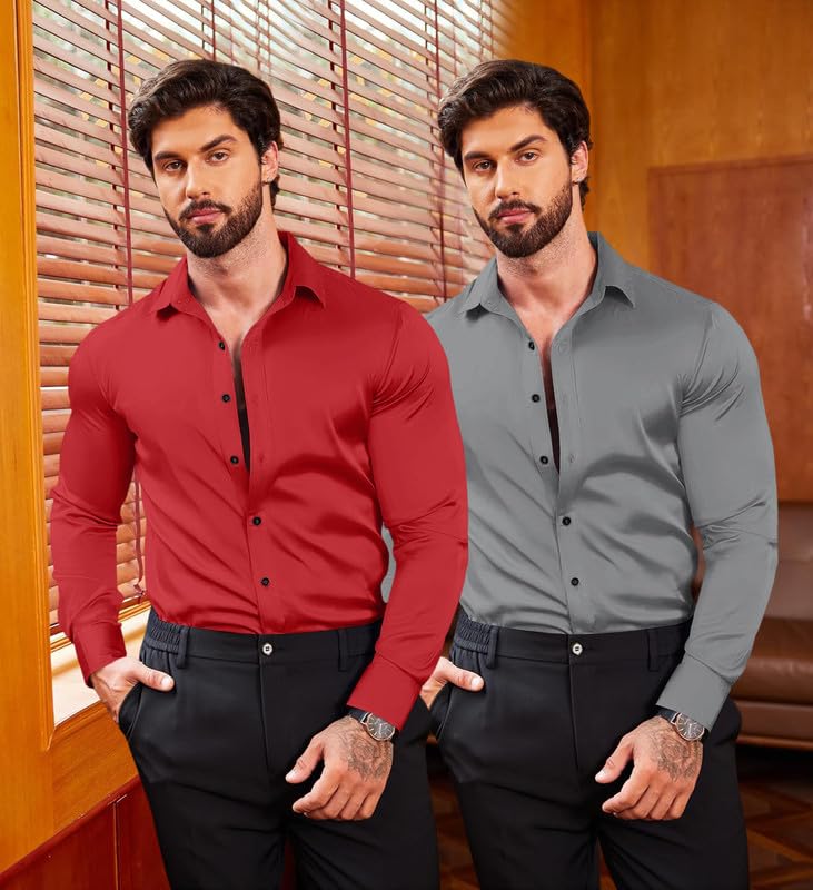Image of Combo of Men's Premium Satin Cotton Shirt with Full Sleeves & Spread Collar | Smooth Finish | Slim Fit | Stylish Button Down Shirt for Evening, Casual Pack of 2