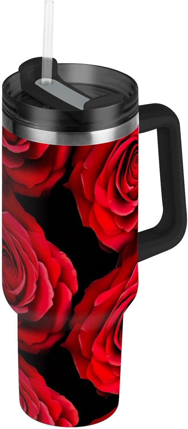 Joisal Tumblers with Lids and Straws Red Roses Black Tumbler with Handle 40 Oz Leakproof Insulated Water Bottles Stainless Steel Water Bottle Fits in Car Cup