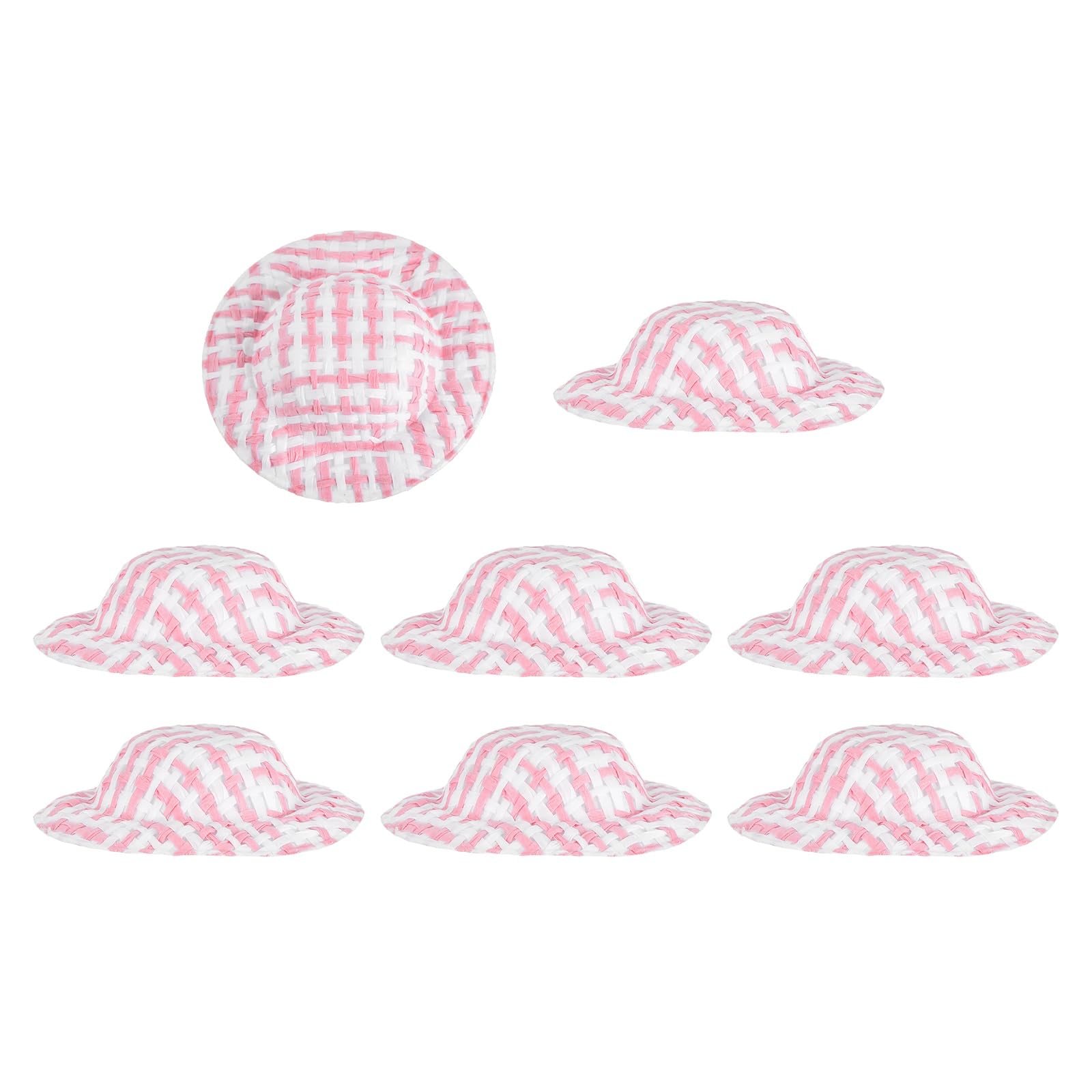 PATIKIL 8 Pcs Mini Straw Hats, 2 x 0.5 Inch Craft Doll Hats Miniature Ornaments Woven Caps for DIY Dollhouse Decoration Hair Accessories Snowman Weddings Party, Light Pink/White