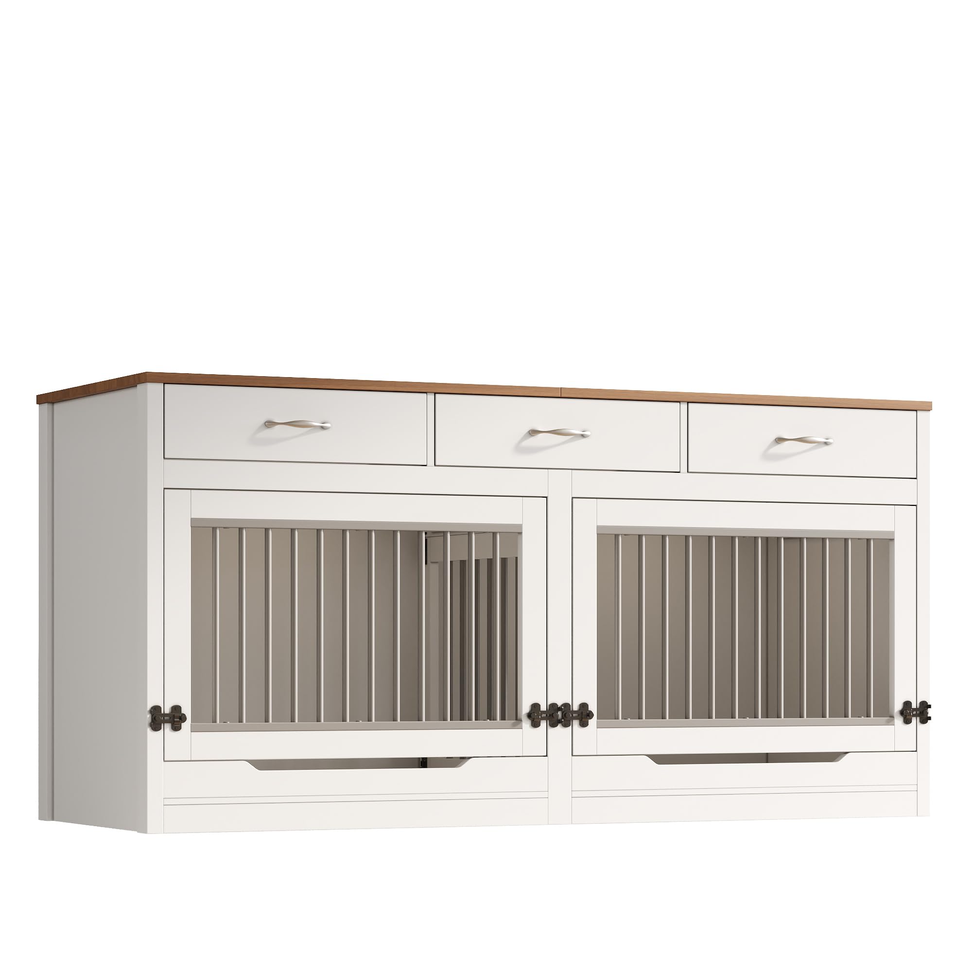 Gabbia per cani XXL, in legno e metallo, con 3 cassetti e 2 ante, cuccia interna per cani, per la casa, coperchio pieghevole, divisorio rimovibile (bianco + effetto legno)