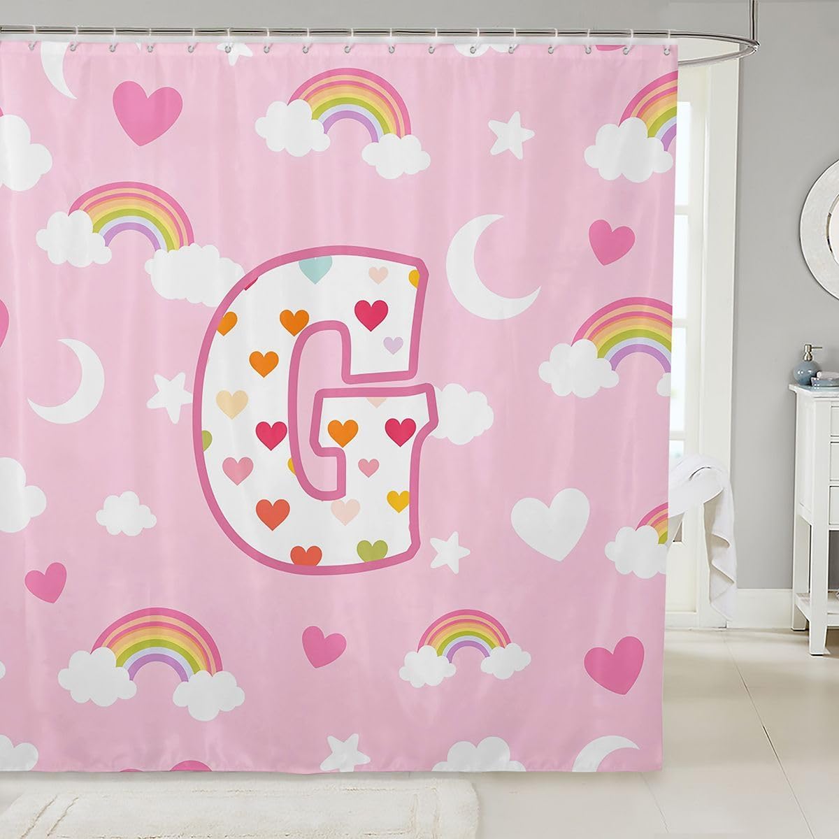 jejeloiu Cute Pink Rainbow Shower Curtain Star Moon Print Bath Curtain Personalized Letter G Bathroom Waterproof Accessories with 12 Hooks Colorful Love Heart Waterproof Polyester,72x72 Inches