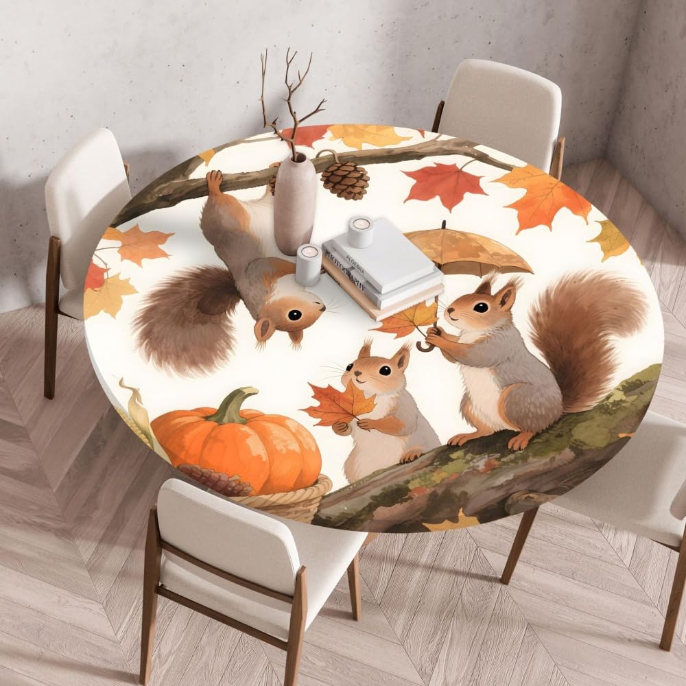 Odot Elastic Edged Round Fitted Tablecloth Autumn squirrels Protector Wipeable Circle Tablecloth, Table Cover Wipe Clean for Kitchen Dining Room Picnic Tabletop (Maple Pumpkin 8,140cm)