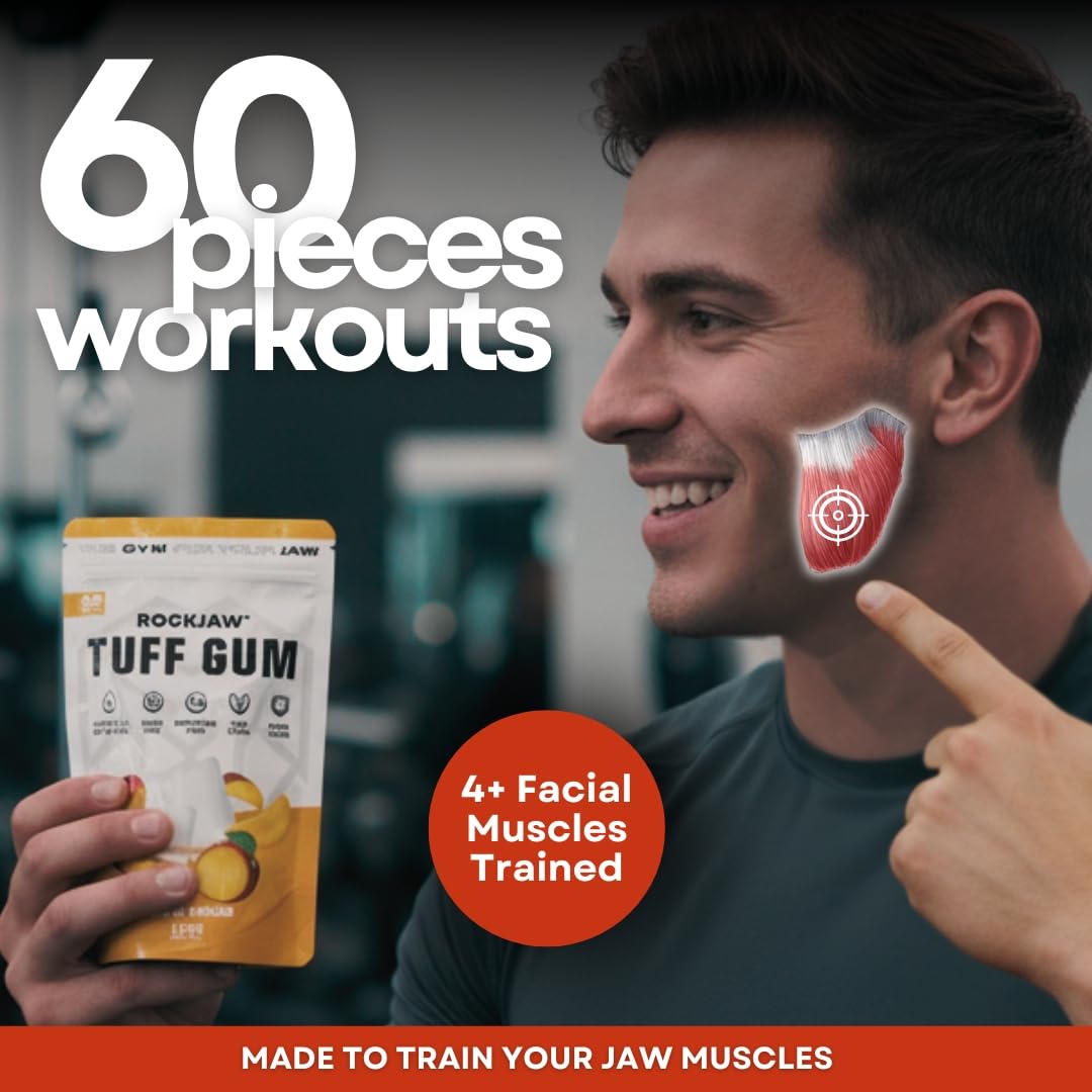ROCKJAW® Jawline Gum Tuff Gum 2.0 complexe de vitamines B sans aspartame sans sucre xylitol 2 mois d'approvisionnement mangue exotique