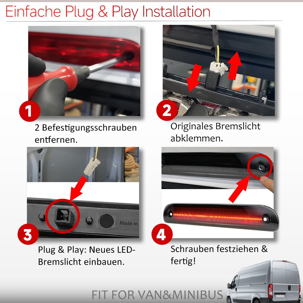 LED 3. Bremslicht Bremsleuchte für 2006–2025 F.iat Ducato 250 III, C.itroen Jumper II, P.eugeot Boxer II Dritte Bremsleuchte Rauchglas Rücklicht