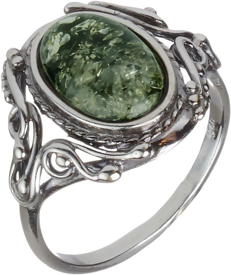 HolidayGiftShops Sterling Silver and Baltic Green Amber Ring Georgine - GIA Certified