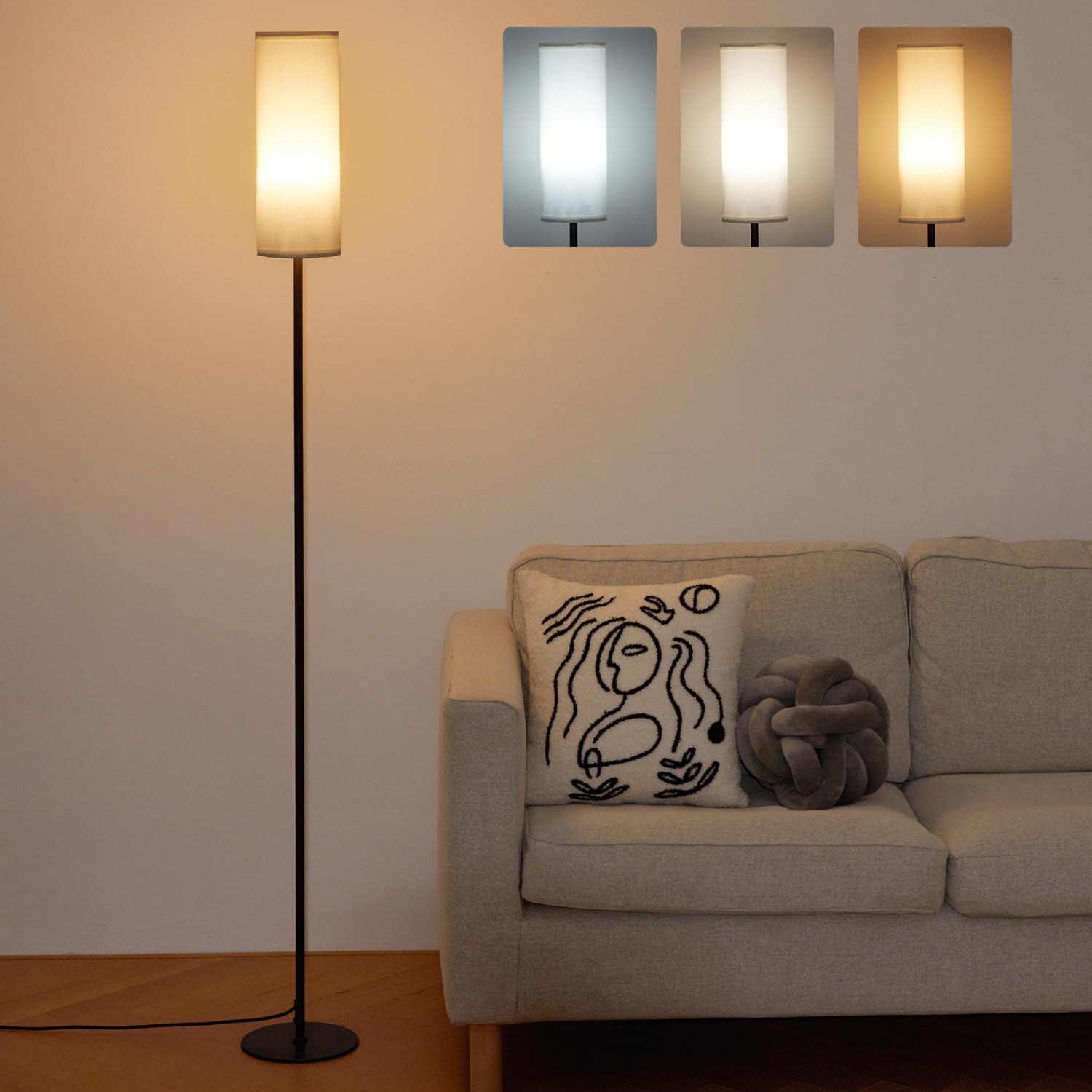 IPARTS EXPERT Lampade da Terra per Soggiorno, E27 Moderna LED Lampada a Stelo da Terra 3 Temperature Colore Lino Dimmerabile Interruttore a Tirante, Lettura, da Comodino, Camera da Letto (Bianco)