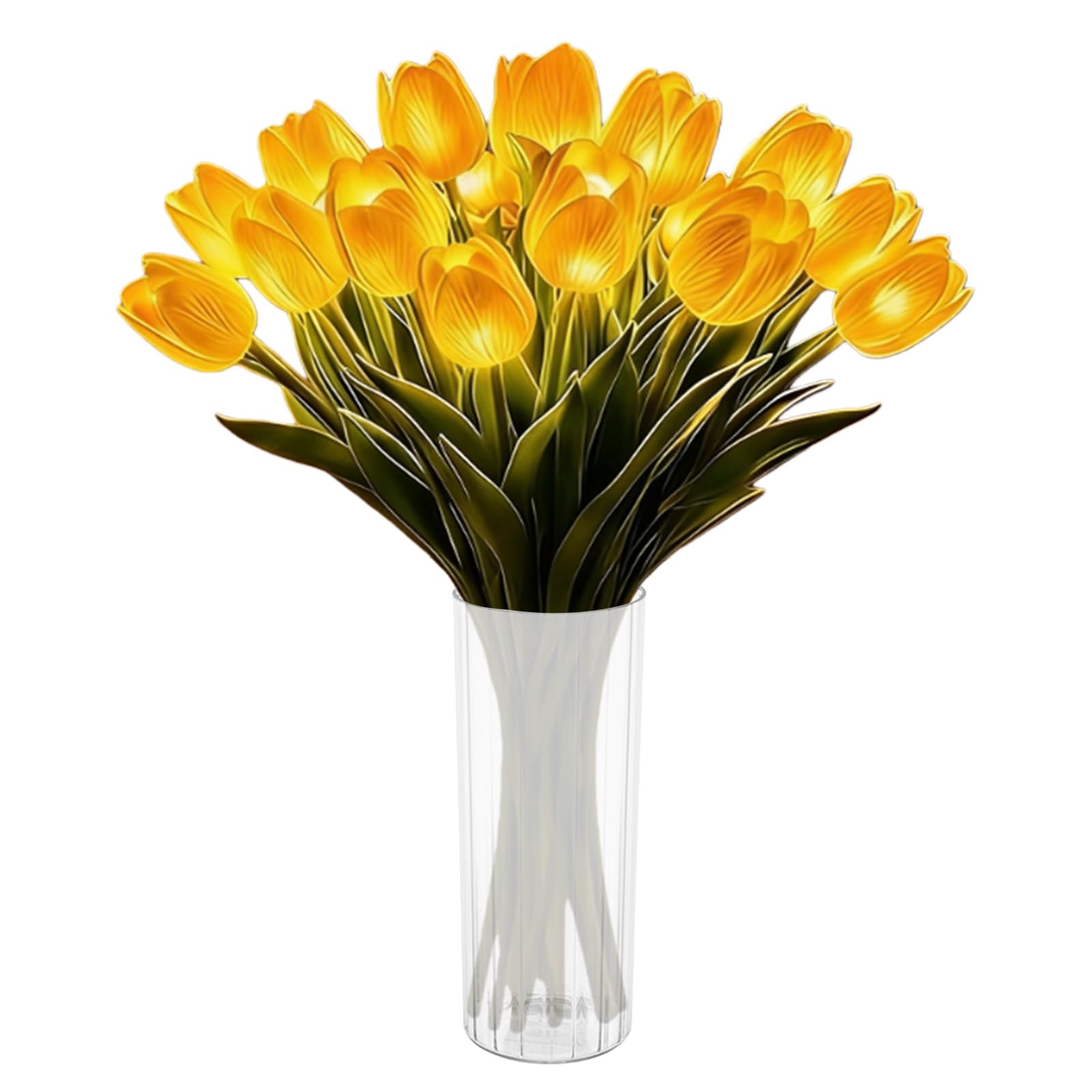 LED Lighted Artificial Flowers Tulip Lamp with Vase Real Touch Tulips Faux Flower Lights for Valentines Day Gift Easter Home Kitchen Wedding Dining Table Decor (Yellow 15pcs)