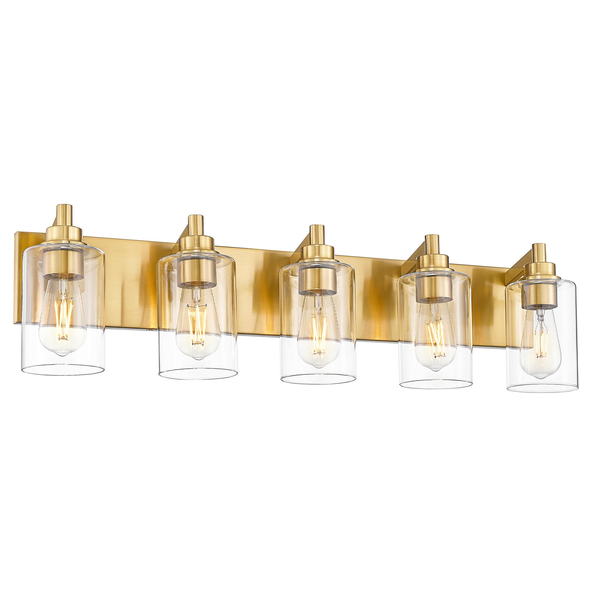 METWET 5-Light Bathroom Light Fixtures, 30 Inch Brushed Gold Vanity Light with Cylinder Clear Glass Shade, Modern Vanity Lighting Fixtures Over Mirror
