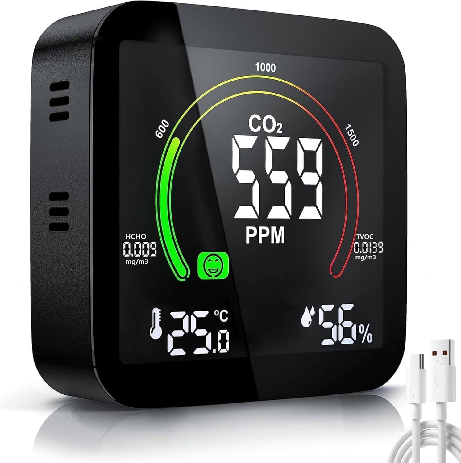 Medidor CO2 Detector CO2 Gas, 5 en 1 Detector de CO2 con Pantalla LED Medidor de Humedad y Temperatura TVOC HCHO Dormitorio Oficina Coche focombance1