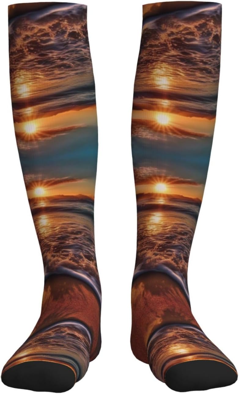 Beach Sunrise White Wave Compression Socks For Women Men 15-20mmhg Graduated Support Circulation Knee High Socks For Nurses Athletic