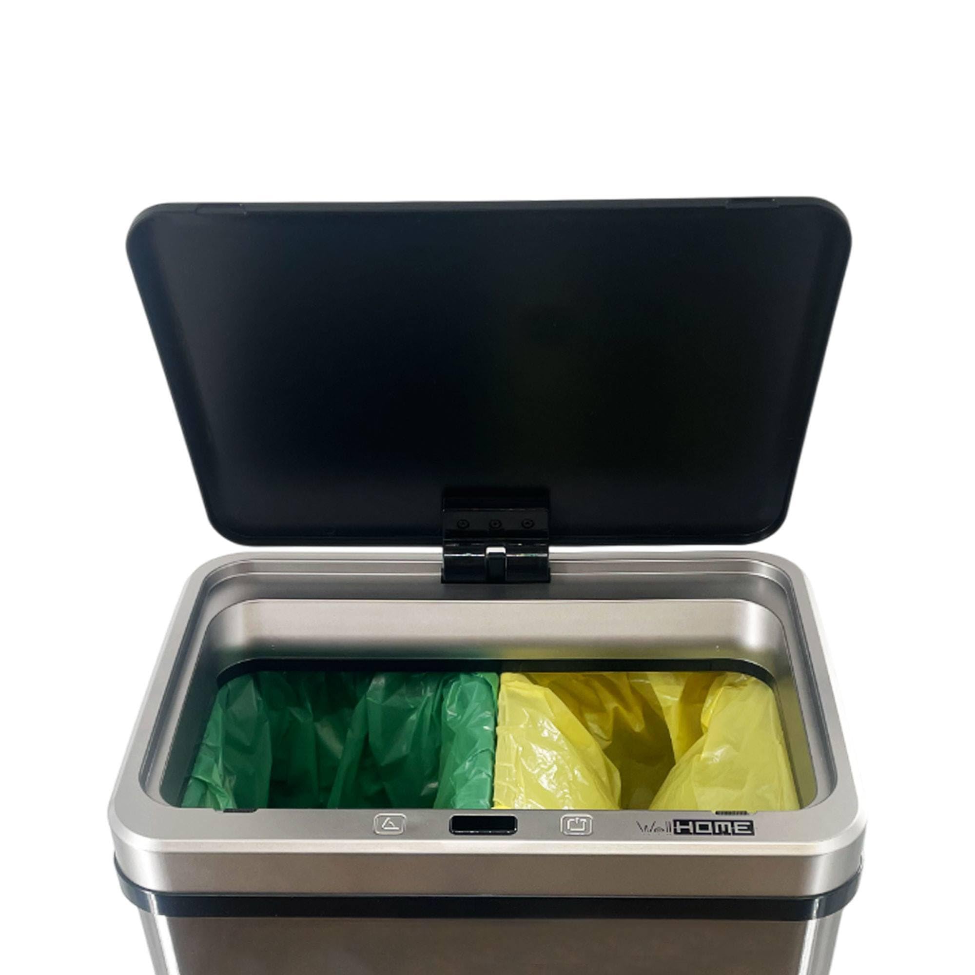 WELL HOME Intelligenter Mülleimer ohne Füße für Recycling, mit automatischer Öffnung und manuellem Kontakt, 15 l + 15 l, 35,5 x 26 x 60 cm, Grau