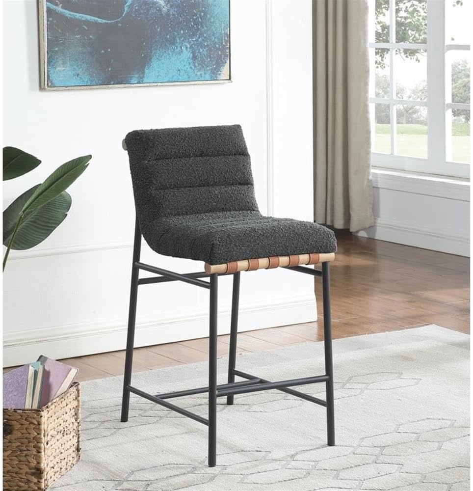 Lilola Home Lahni 18" W Dark Gray Boucle Fabric Counter Height Chair – Contemporary Upholstered Bar Stool with Cognac PU Leather Detail and Fully Assembled Design for Kitchen Dining Room