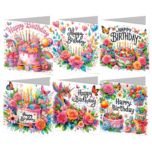 ACSAUMMY Diamond Art Happy Birthday Cards 6 Pack 5D Diamond Greeting Cards Kits for Adults DIY Diamond Art Birthday Cards with Envelopes Birthday Gifts for Families Friends Partners