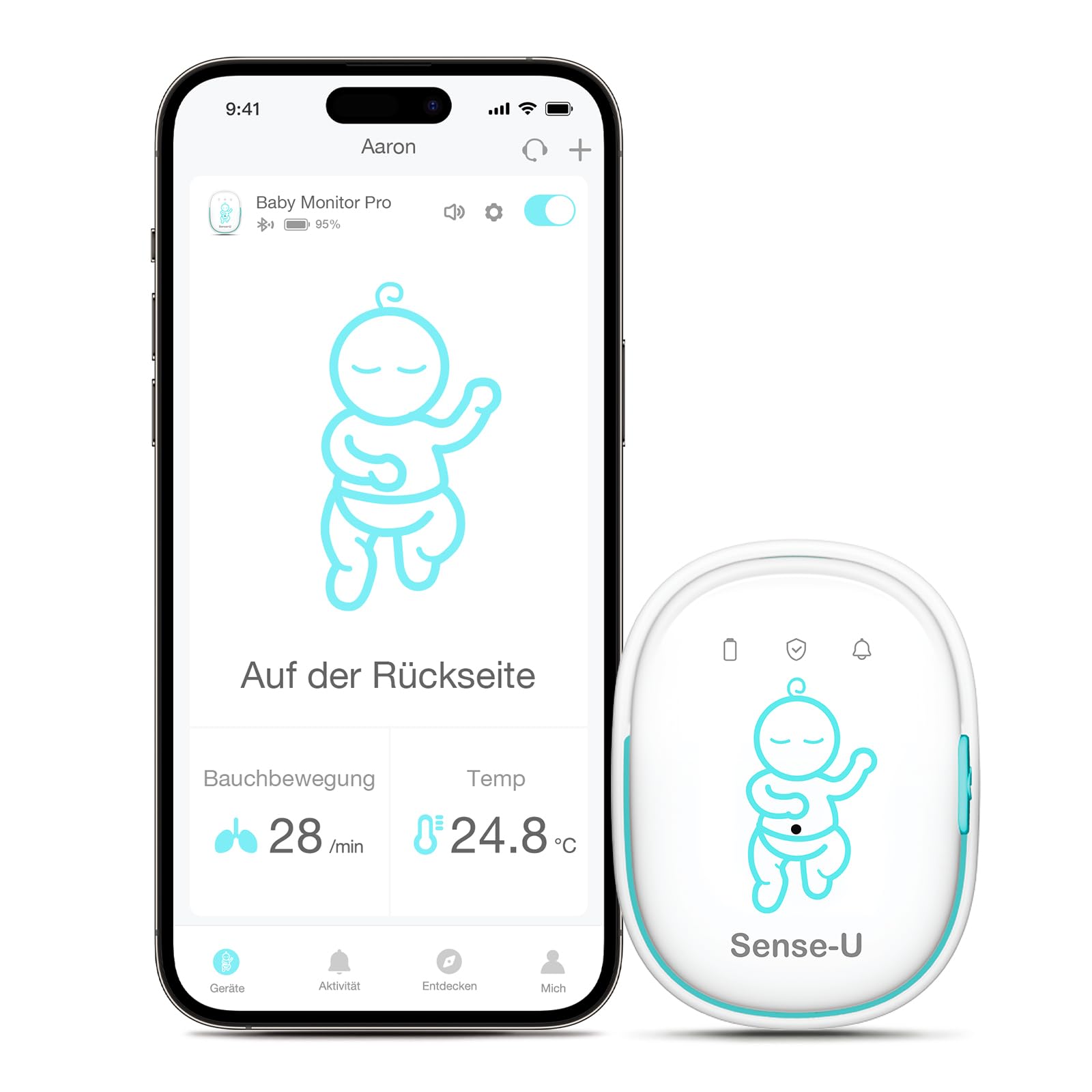 Sense-U Smart Babyphone, Bewegungsmonitor, verbindet Sich direkt mit Ihrem Smartphone und verfolgt die Bauchbewegung, Schlafposition und Gefühlstemperatur Ihres Babys