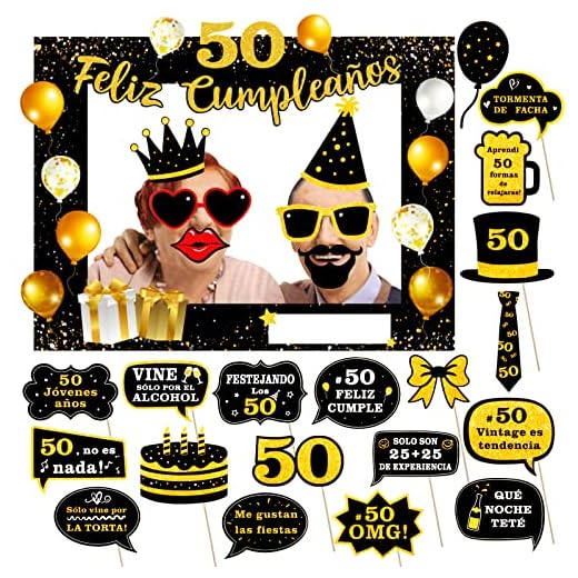 Photocall Feliz 50 Cumpleaños Español 25pcs Foto Props + Marco de Fotocol Oro para Fiesta Cumpleaños Photocall Frases Graciosas