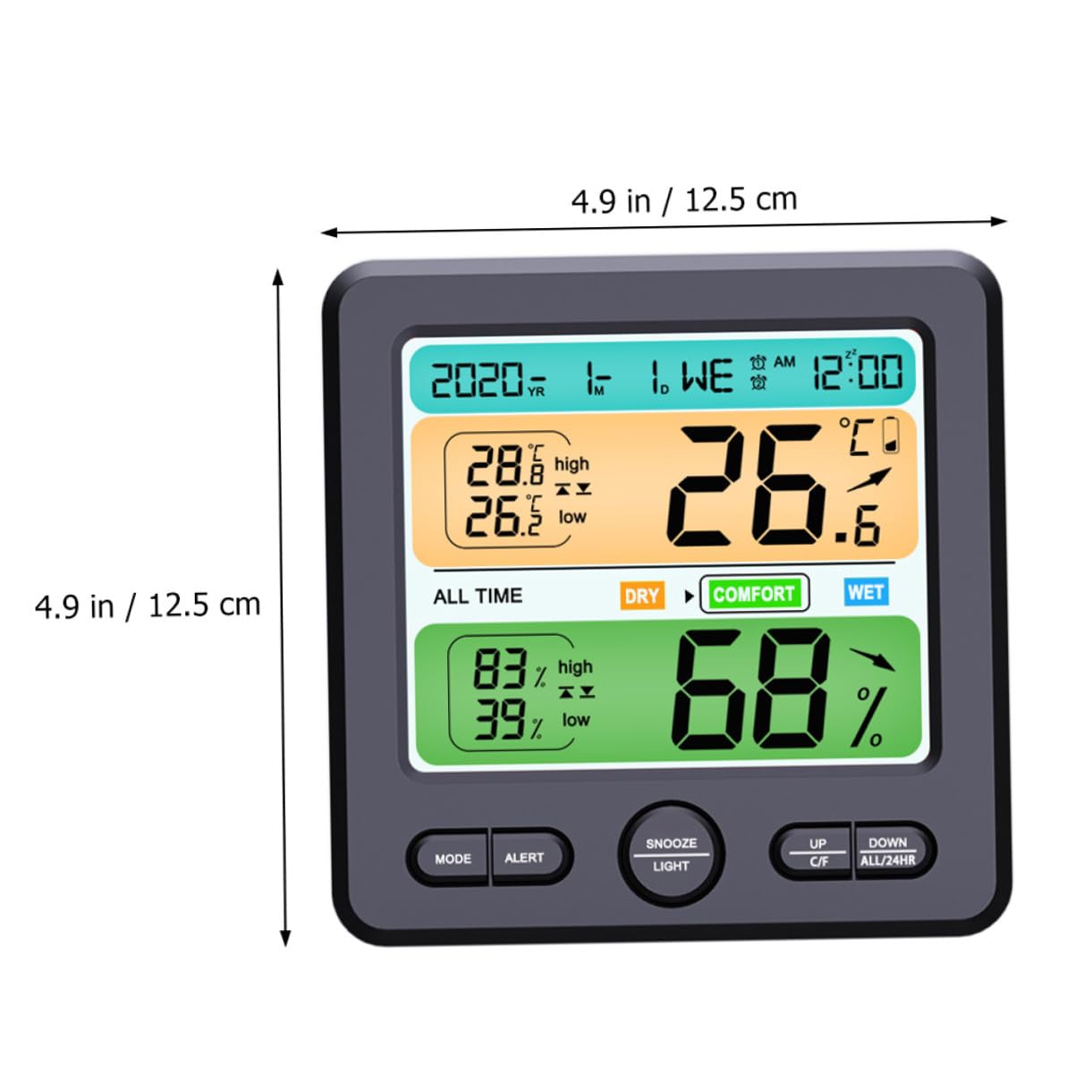 Thermohygrometer Uhr mit LED Display, Faltbarer Halter, Abs Schwarz | 1 Stück, ohne Batterie, für Wand oder Tisch, Temperatur ±1 °c, Luftfeuchte ±5 % Rh