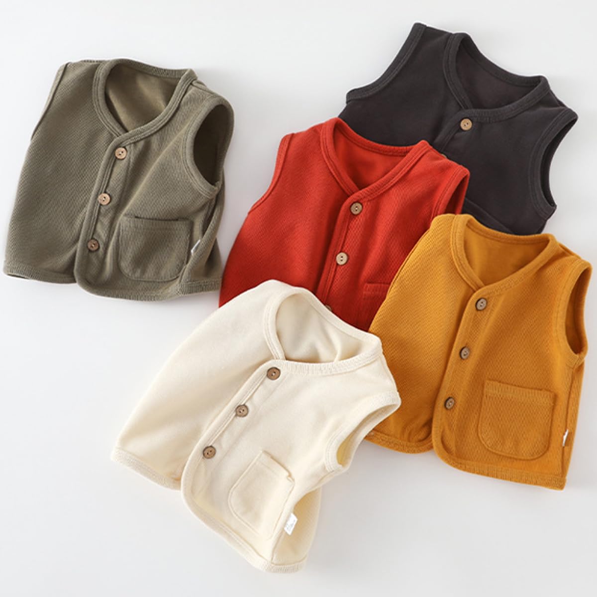 2 Pezzi Gilet Bambino in Cotone, Scollo a V Senza Maniche Tinta Unita Cardigan Bottoni con Tasche, Leggero Morbido e Caldo per Primavera e Autunno 6 Mesi-4 Anni
