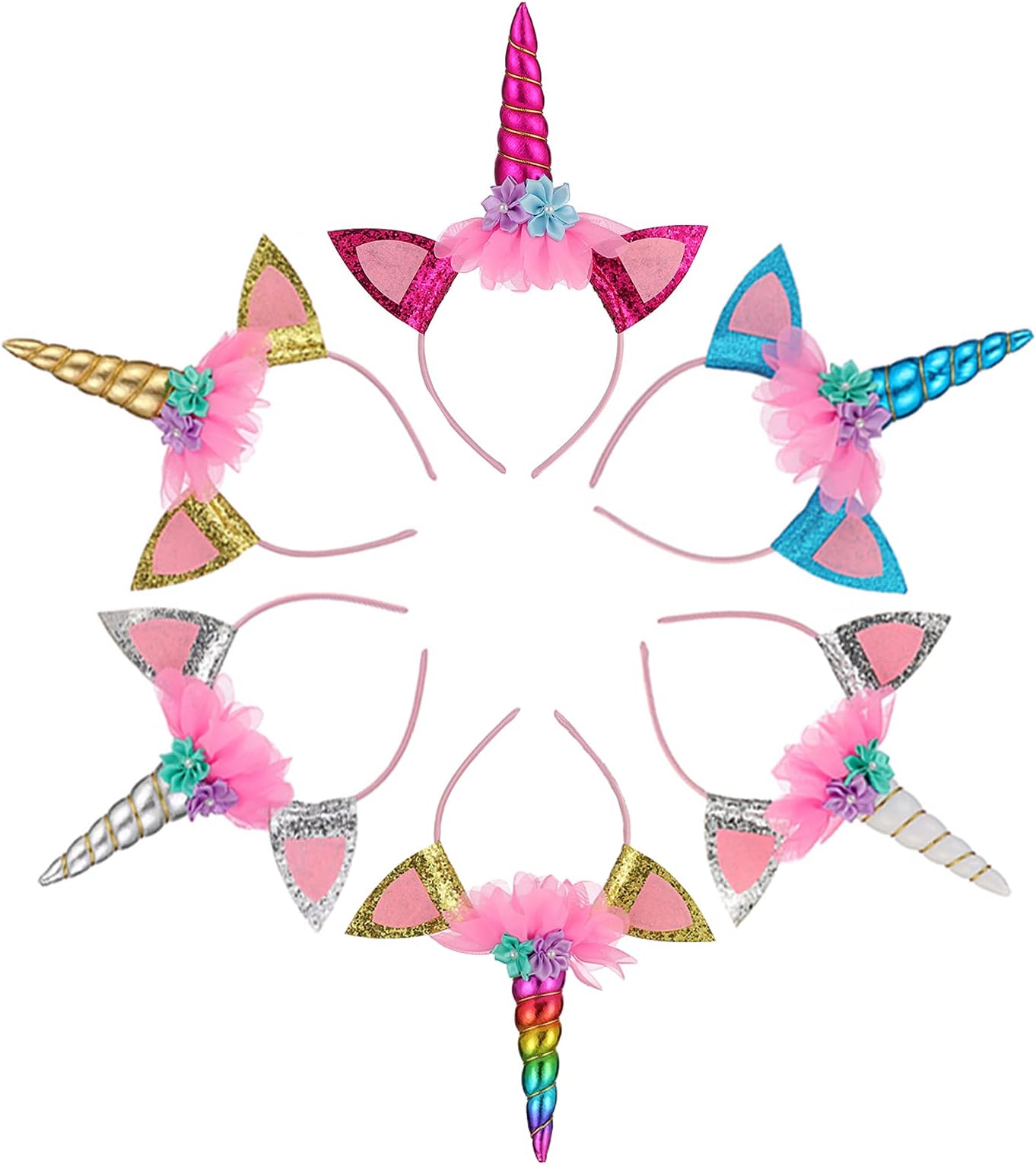 6 Pack Unicorn Horn Glitter Ears Flower Headband Birthday Party Favor Supplies