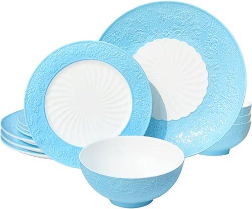 ACMLIFE Juego de vajilla de porcelana de hueso para 4, juego de vajilla de porcelana de 12 piezas, platos de cena de alivio y juego de platos de