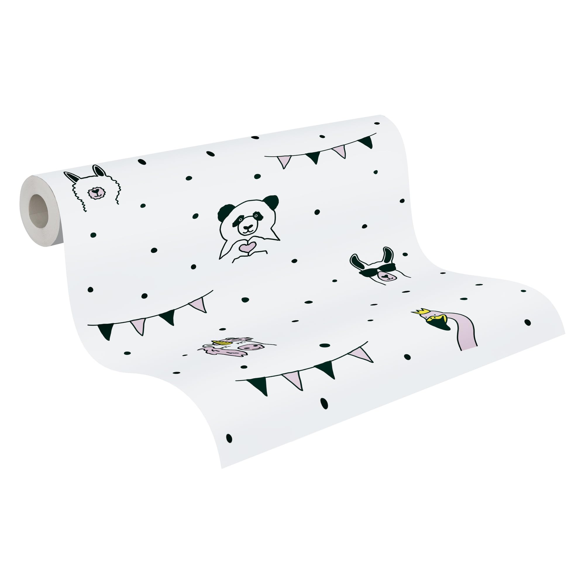A.S. Creation Tapeta do pokoju dziecięcego Little Love ze słodkimi zwierzętami bez PVC, tapeta na flizelinie różowo-czarna biała żółta jedwabiście matowa gładka 381381