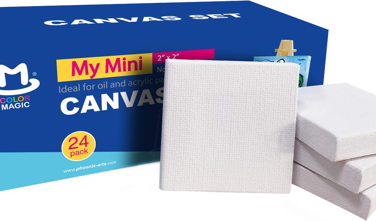 AUREUOMini Stretched Canvas - 2x2 Inch/24 Pack - 2/5 Inch Profile Little Square Canvas - Gift Set for Kids, Ideal for Painting & Craft
