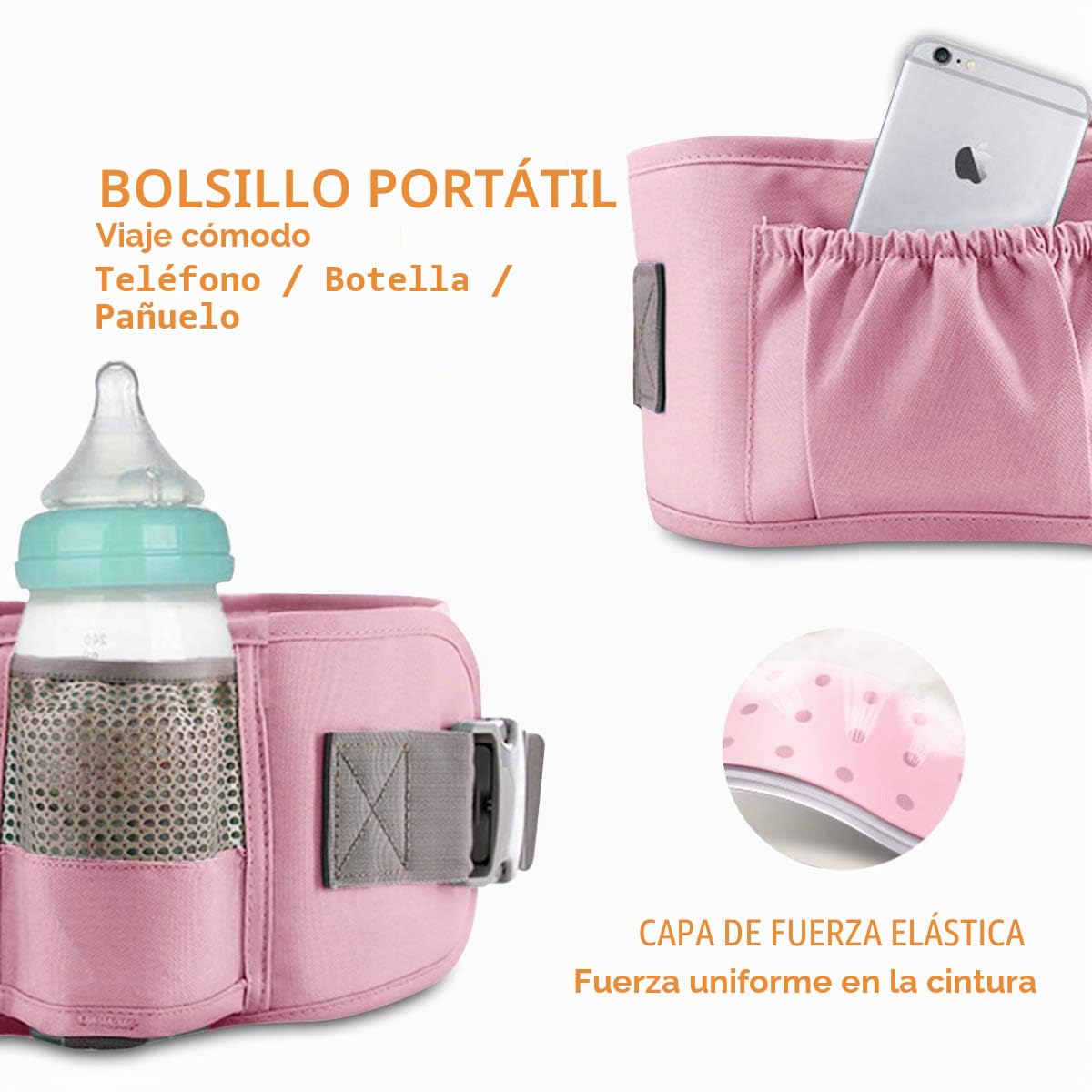 SONARIN 3 en 1 Multifuncional Hipseat Baby Carrier, Portador de bebé,Anverso y Reverso,100% Algodón,Ergonómica, Tamaño Libre(Rosado)
