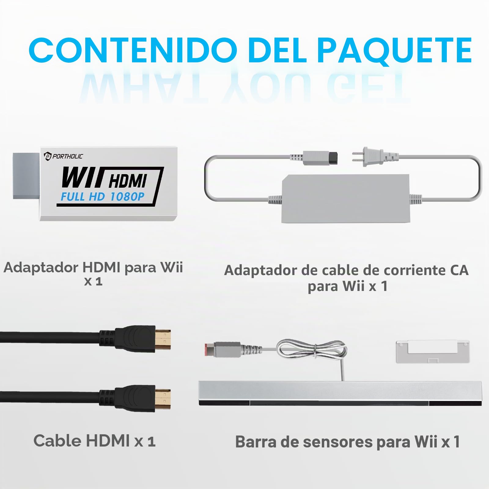 PORTHOLIC 4 en 1 Wii - Juego de Cables de Repuesto Wii AC + convertidor Wii a HDMI + Barra de Sensor de Movimiento con Cable y Cable de Audio y Video Compuesto para Nintendo