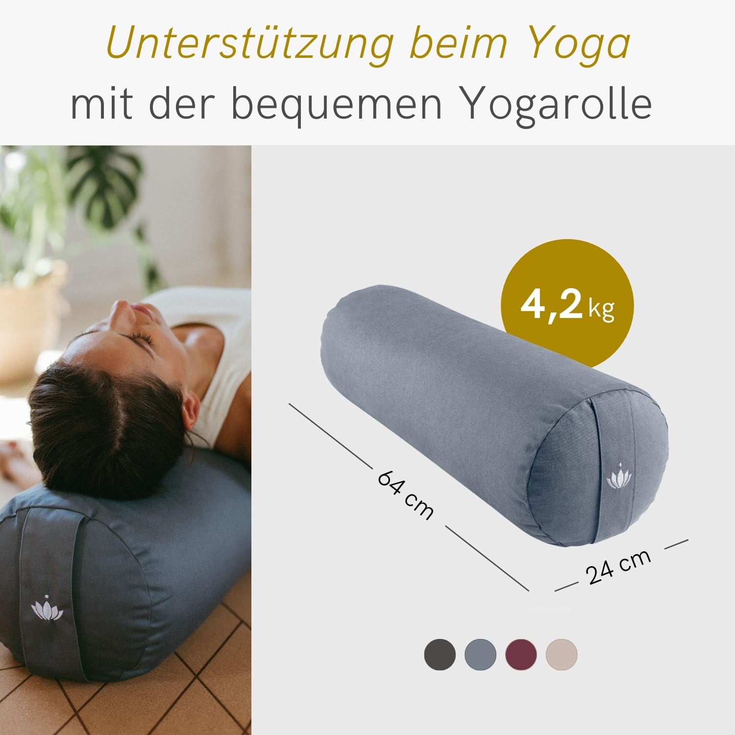Lotuscrafts® Yoga Rolle Ø24 cm, Yogabolster mit 100% Bio-Dinkelfüllung, Waschbarer Bezug aus Baumwolle, für Yin Restorative Yoga-Übungen, GOTS Zertifiziert