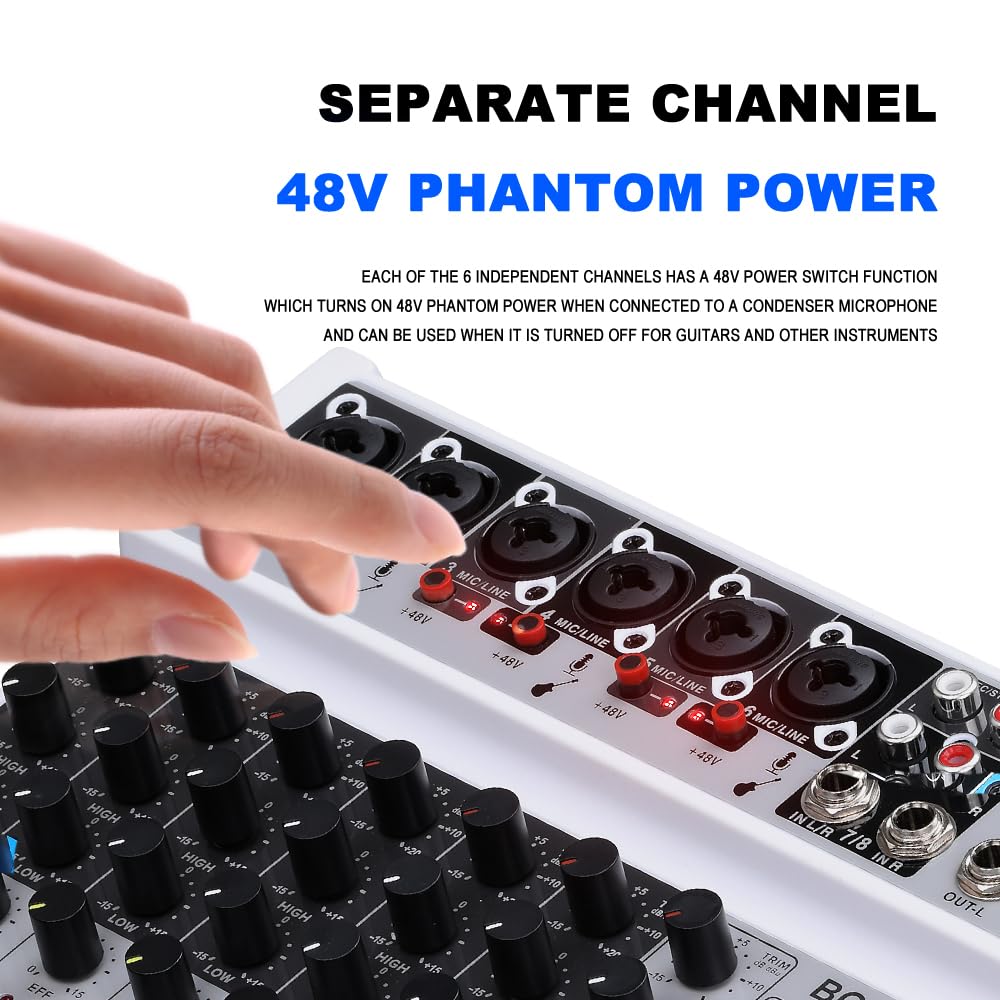 BOMGE 8 channel mini audio mixer Line Mixer ，DC 5V，with MP3 Player,Bluetooth, U disk 48V,24DSP effects, USB recording Ideal for Small Clubs or Bars, Studio Recording (8 channels-WHITE)