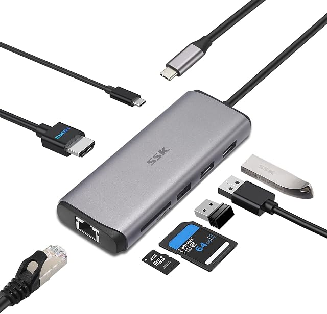 SSK USB C Hub,8-in-1 Type C Multiport Hub Adapter with RJ45 Ethernet, 4K HDMI, PD3.0 Powered, 2 USB 3.0, 1 USB2.0, SD/TF Cards Reader USB C Dock for MacBook/Pro/Air and More Type C Devices