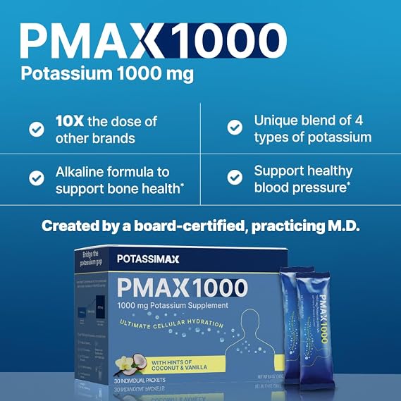 PMAX1000 High Dose Pure Potassium Electrolyte Supplement Powder, Highly Bioavailable, Doctor Formulated, 1000 mg per Serving