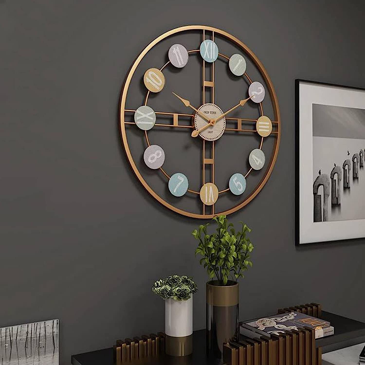 XJBTBA Horloge Murale de extérieure, Grande Horloge extérieure de 60 cm, Horloge de en métal silencieuse résistante aux intempéries pour Patio, Pi