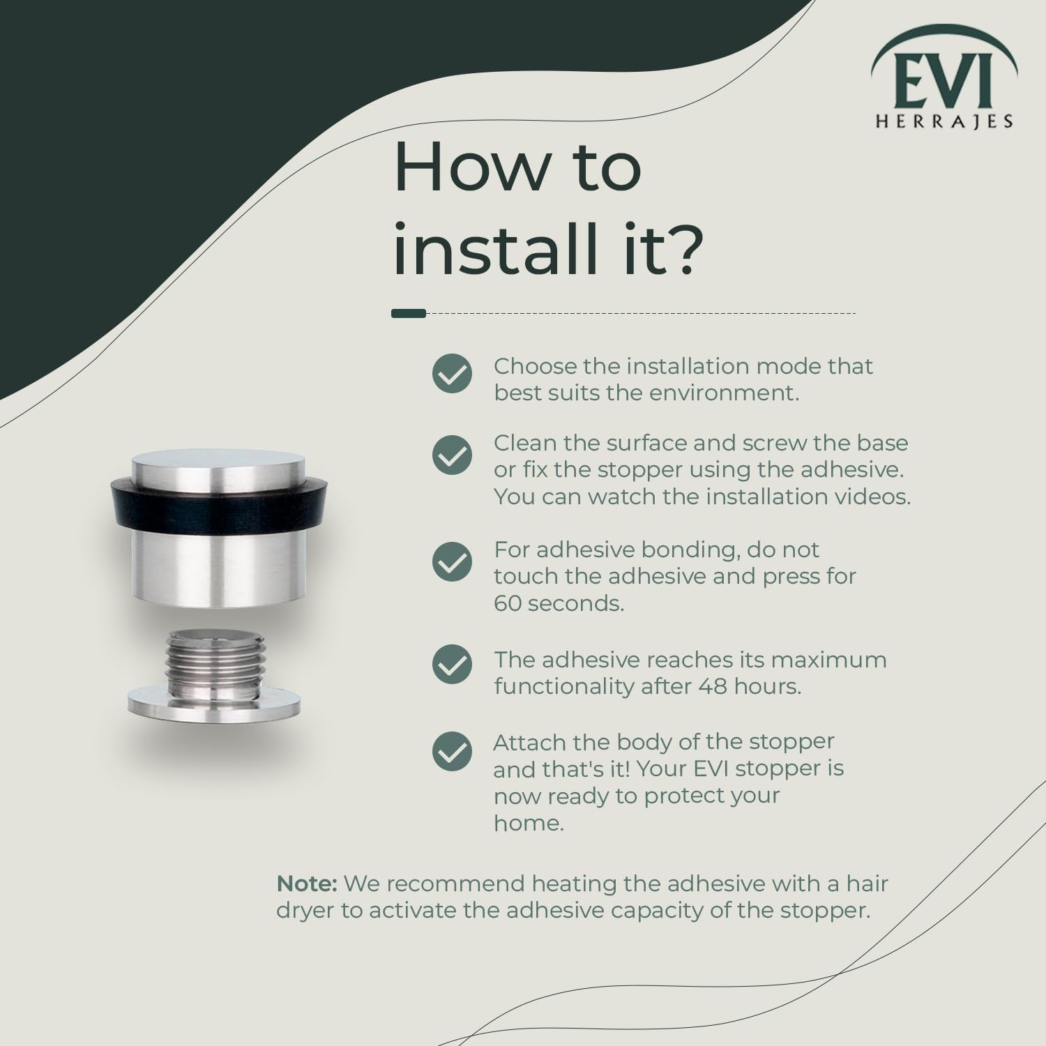EVI Herrajes| Butée De Porte| 28 X 20 Mm| Base Filetée| Caoutchouc