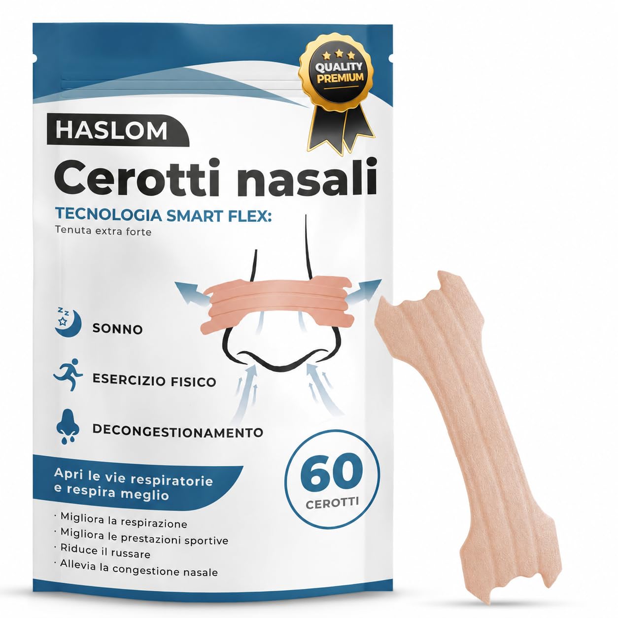 Cerotti Nasali Antirussamento - HASLOM - Cerottini Nasali Respira Bene Strisce Nasali per Non Russare Naso Strips Dilatatori Nasali - 60 Pz 2 mesi
